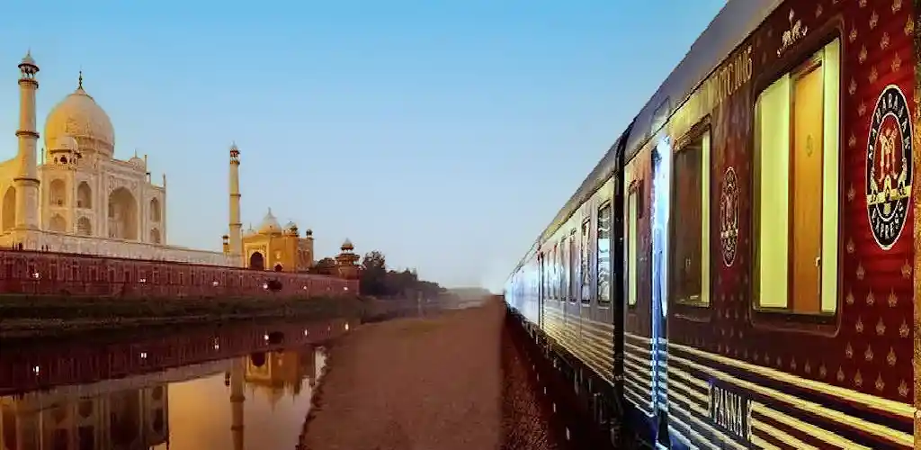 India's Maharajas Express luxury train passing the Taj Mahal