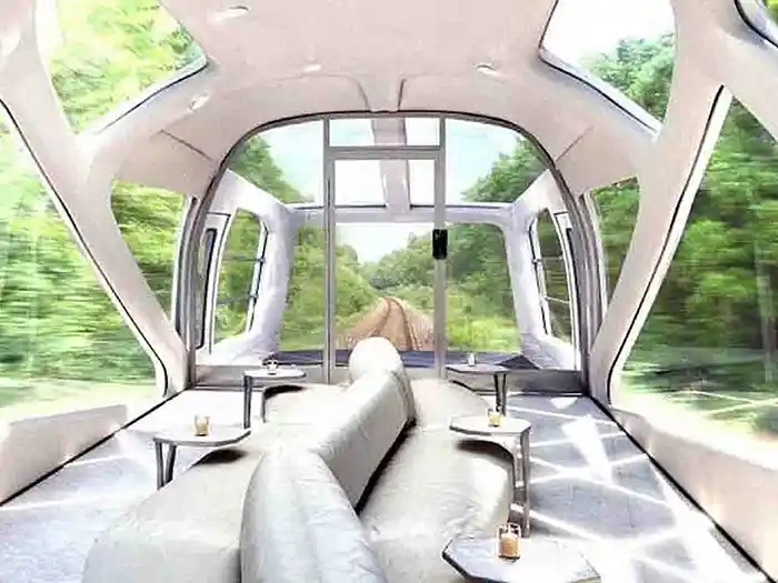 Front observation car in Shiki-Shima luxury train, Japan