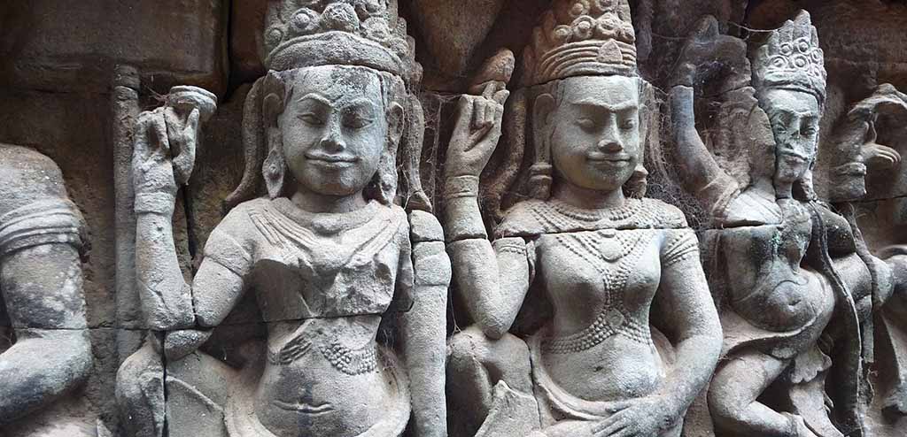 Carved stone apsaras in Angkor Thom. Cambodia