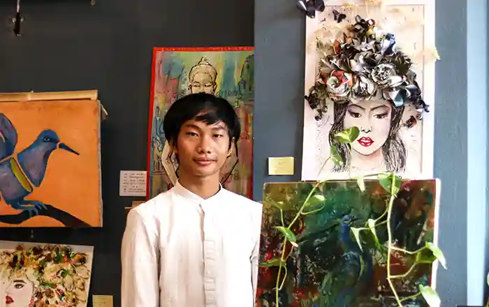 Cambodian artist Long Binla in studio