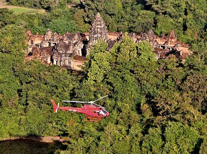 Helicopter touring over Angkor Wat, Cambodia