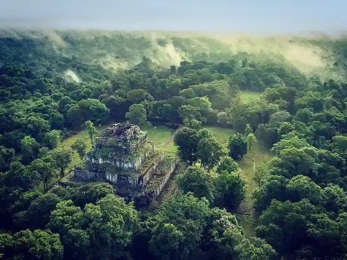 Helicopter view over of Koh Ker Angkorian temple in Cambodia
