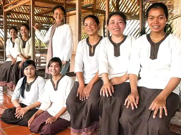 Female workers and founder, Ms. Pheach, atthe Golden Silk Farm in Siem Reap, Cambodia