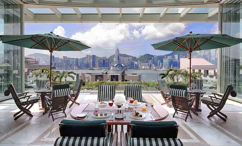 Terrace view of Hong Kong Island from the Peninsula Hotel terrace.