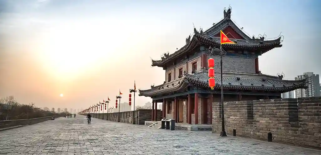 Xian's wall, guard post and walkway at dusk.