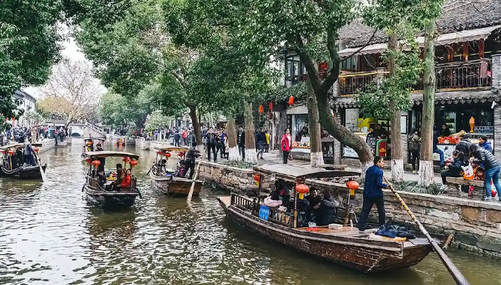 Zhujiajiao ancient town canal and boats