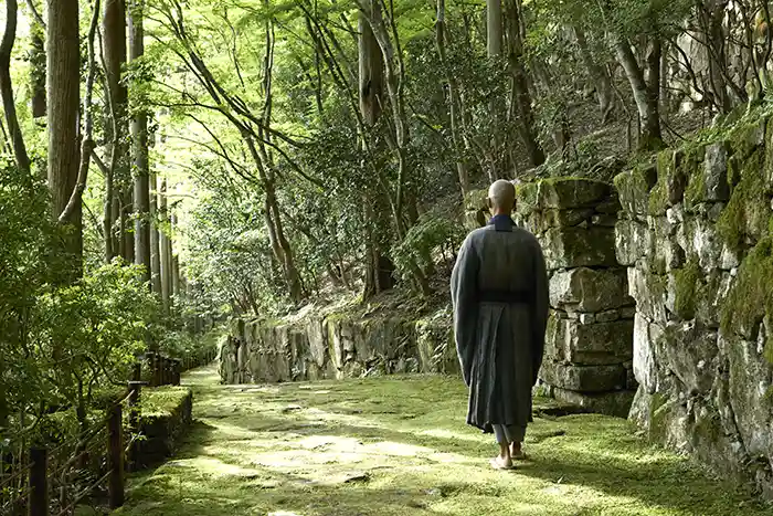 Monk walking a moss covered path in the secret garden, Kyoto