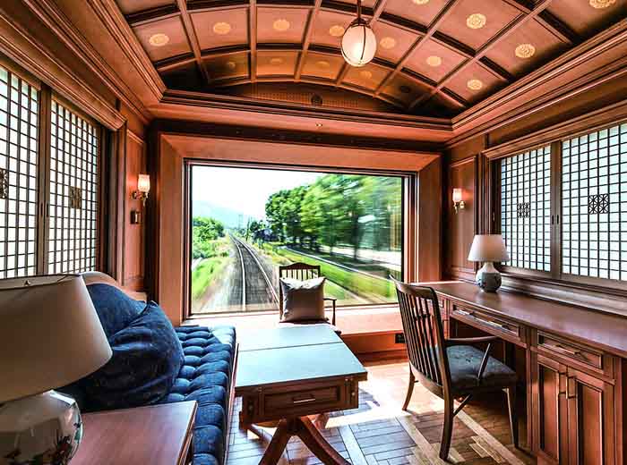 Japan Seven Stars luxury train deluxe suite with rear view