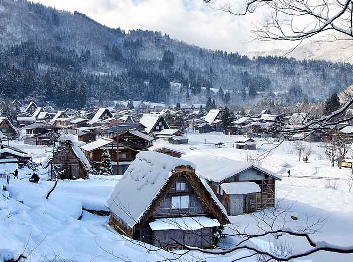 Shirakawa-go village, Japan, in the snow.