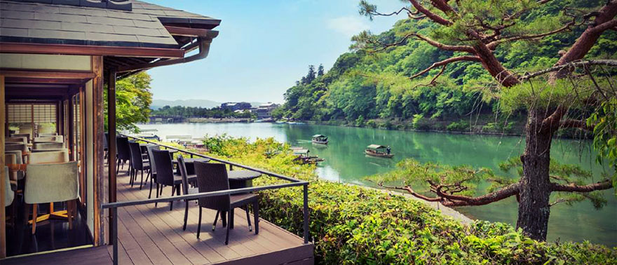 View of the Hozu River from the dining hall at the Suiran luxury ryokan in Kyoto, Japan