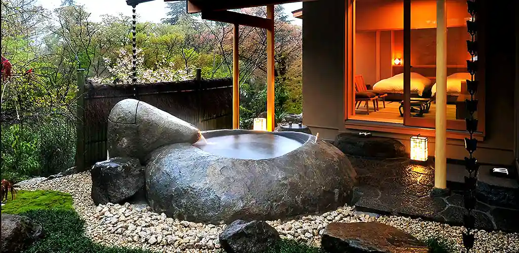 Gora Kadan ryokan in Hakone nature terrace with hot stone bath