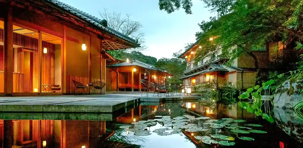 Pond and garden at Hoshonoya ryokan Kyoto