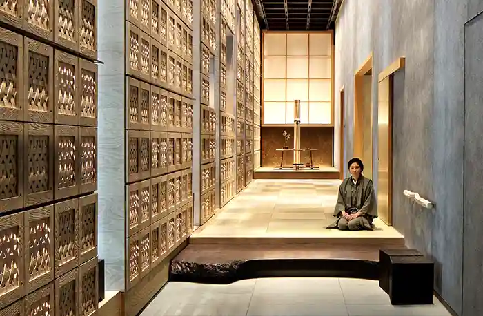 Ornate hallway at the Hoshinoya in Tokyo, Japan