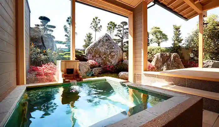 Onsen garden view room at Shinsen ryokan in Takachiho, Japan