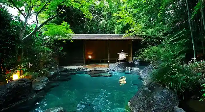 Pond and bamboo grove at Yagyu no Sho ryokan, Izu, Japan