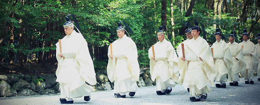 Monks at temple ritual on Ago Bay, Japan