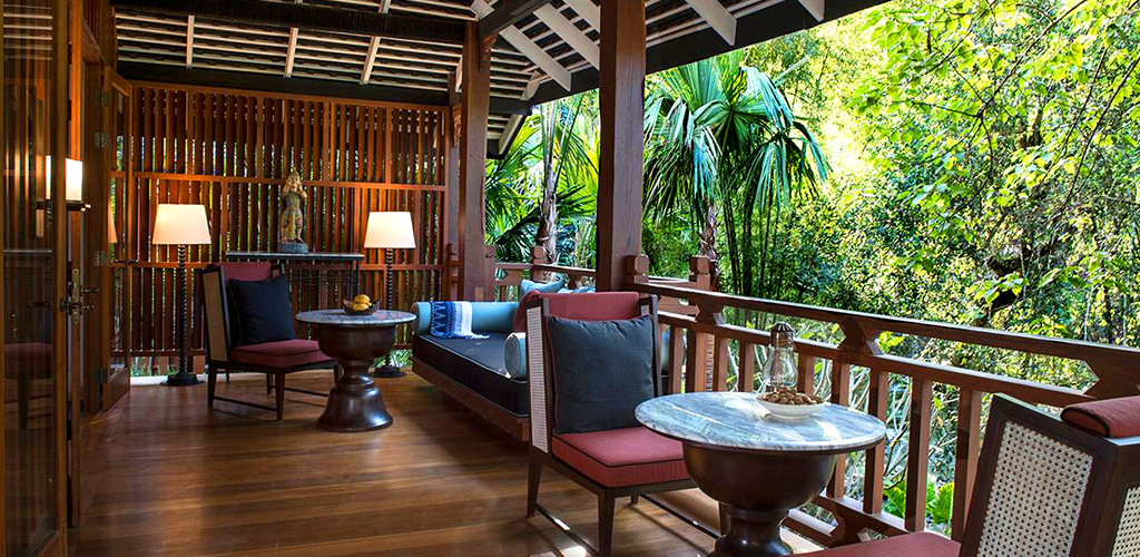 Jungle terrace at the Rosewood luxury resort in Luang Prabang, Laos