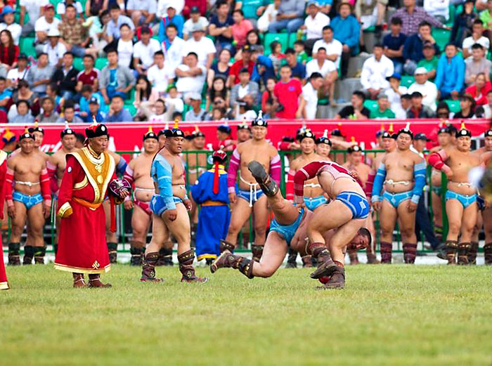 Mongolian wrestlers during Nadaam Festival