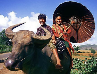 Hill tribe couple on water buffalo near Kalaw, Myanmar