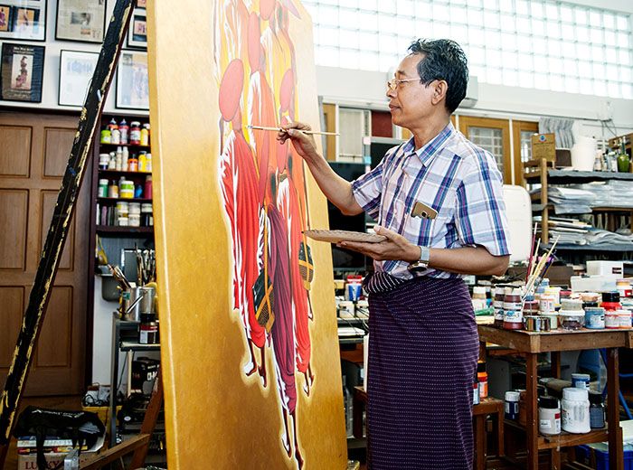 Yangon artist Min Wae Aung in his Yangon studio