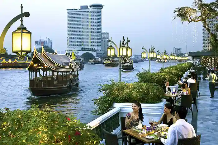 Terrace resturant on the Chao Praya riverfront at the Mandarin Oriental hotel in Bangkok