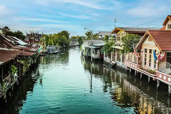 Chao Praya River canal houses in Bangkok.
