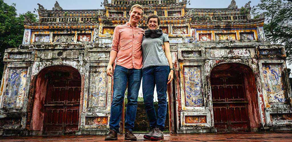 Honeymoon couple at Tu Duc tomb in Hue, Vietnam
