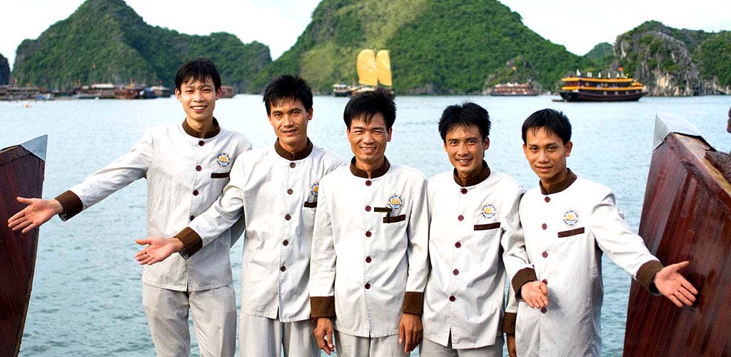 Crew on Halong Bay luxury cruise