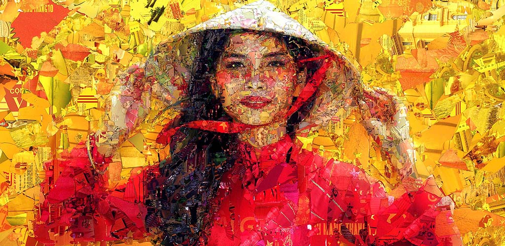 Mosaic artwork of Vietnamese girl in conical hat