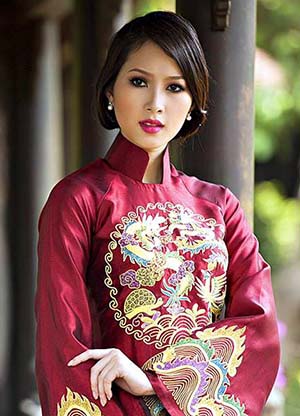 Wedding ao dai Vietnam traditional dress in coral pink silk color