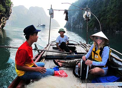 Leanring to fish on Halong Bay, Vietnam