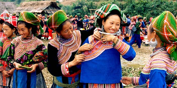 Hilltribe women in a village market in north Vietnam